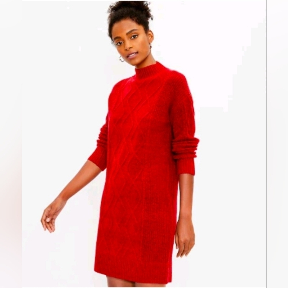 NWT Loft Women's Cable Turtleneck Red Sweater Dress Size L